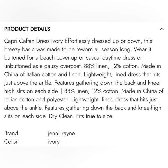 Jenni Kayne Capri Caftan Dress Cover Up Linen Ivory XS Coachella Festival - Picture 3 of 8